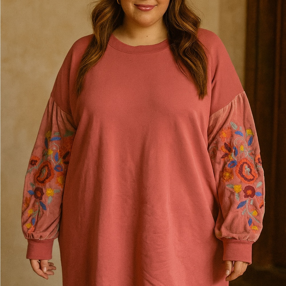 Umgee Plus Embroidered Velvet Sleeve Pink Dress